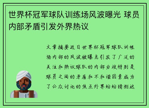 世界杯冠军球队训练场风波曝光 球员内部矛盾引发外界热议