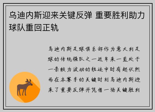 乌迪内斯迎来关键反弹 重要胜利助力球队重回正轨