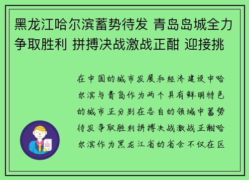 黑龙江哈尔滨蓄势待发 青岛岛城全力争取胜利 拼搏决战激战正酣 迎接挑战再创辉煌